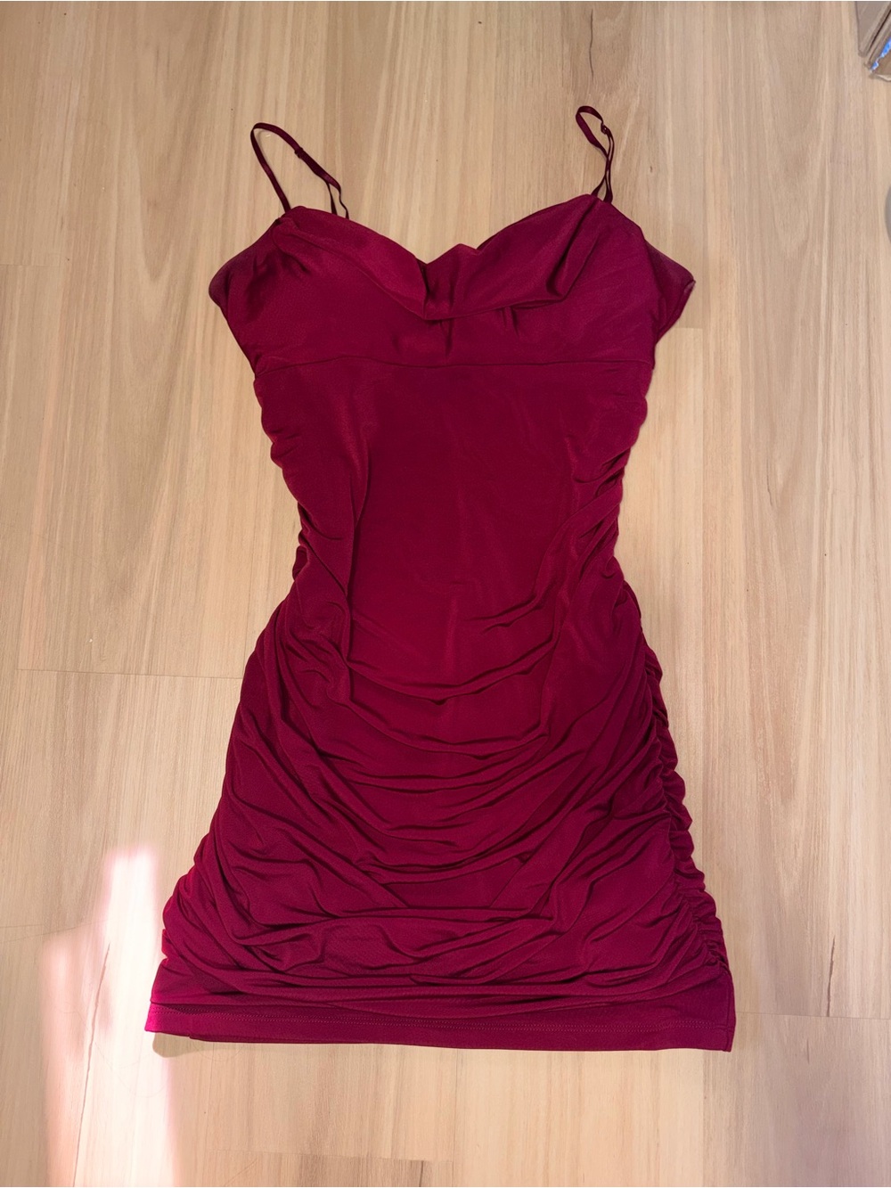 Emerald Sundae Wine-Red Ruched Mini Slip Dress